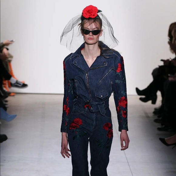 Rose Embroidered Denim Moto Jacket - Picture 7 of 9